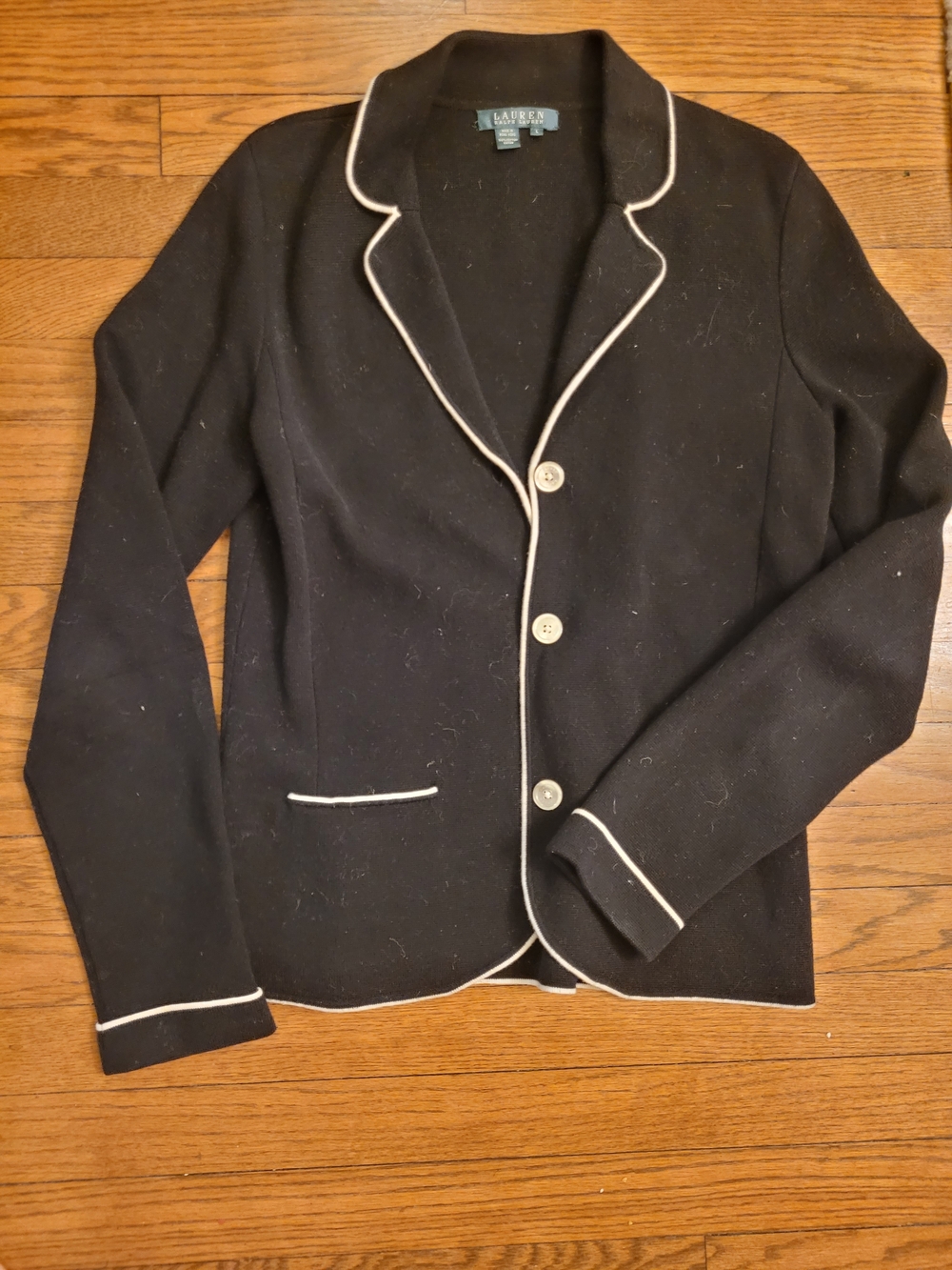 Lauren Ralph Lauren Black Knit Blazer with Cream Piping
